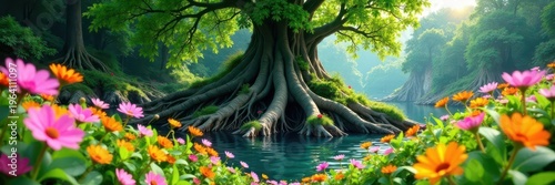 Lush wildflowers bloom across a massive, tangled root island ,  surreal,  intertwined,  roots
