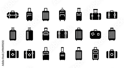 Collection of Black Suitcase Icons: Travel Luggage and Baggage Vector Graphics