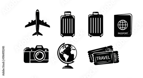 Travel Icons Set: Airplane, Suitcases, Passport, Camera, Globe, Tickets