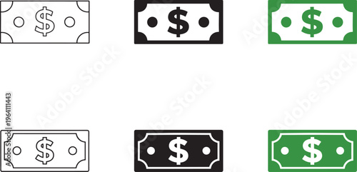 Dollar bill flat icons for finance apps, payment systems and money website design.