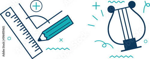 Creative depiction of science and music fusion through drawing and lyre instruments