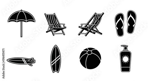 Summer Beach Vacation Icons: Umbrella, Chairs, Surfboard, Ball, Sunscreen, Flip-flops
