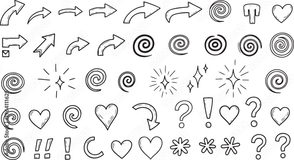 Naklejka premium Hand-Drawn Arrows, Swirls, Hearts, and Symbols Set for Decorative, Creative, and Graphic Design Projects