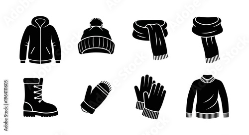 Winter Clothing Icons Set: Jacket, Hat, Scarf, Boots, Gloves, Sweater
