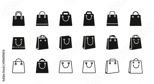 Shopping Bag Icons Set: Black and White Collection of Diverse Purchase Carriers