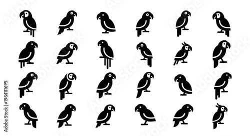 Parrot Icons Set: Diverse Silhouettes of Tropical Birds in Various Poses