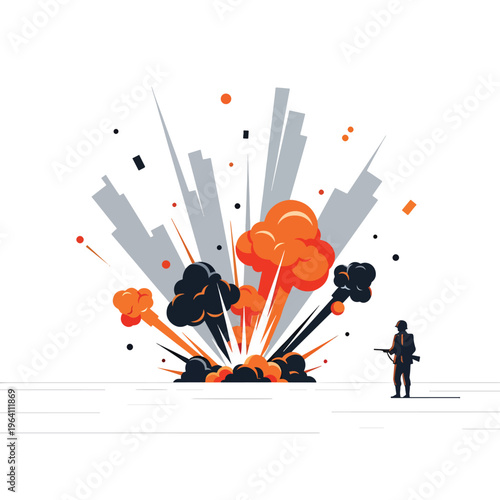 Soldier stands before a massive urban explosion, depicting city conflict and devastation in a vector illustration.