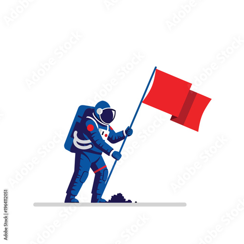Brave astronaut planting red flag on unknown planet surface, a vector illustration of cosmic exploration and achievement
