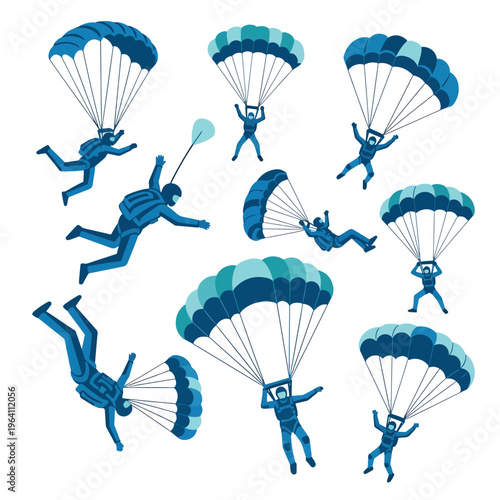 Dynamic Skydiving Adventure Vector Illustration with Multiple Parachutists in Mid-Air