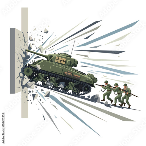 Military tank crashing through a wall with soldiers advancing in a dynamic vector illustration of battlefield action.