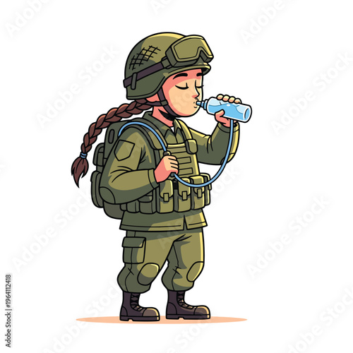 Illustrated young female soldier in uniform drinking from a hydration pack, staying refreshed.