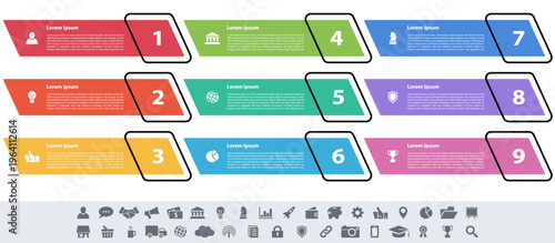 Infographic design business concept vector illustration with 9 steps or options or processes represent work flow or diagram or web button banner