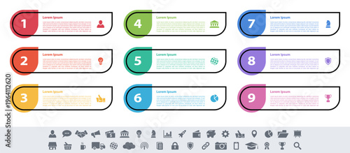 Infographic design business concept vector illustration with 9 steps or options or processes represent work flow or diagram or web button banner