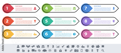 Infographic design business concept vector illustration with 9 steps or options or processes represent work flow or diagram or web button banner