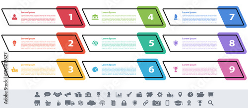 Infographic design business concept vector illustration with 9 steps or options or processes represent work flow or diagram or web button banner