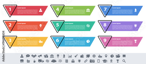 Infographic design business concept vector illustration with 9 steps or options or processes represent work flow or diagram or web button banner
