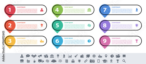Infographic design business concept vector illustration with 9 steps or options or processes represent work flow or diagram or web button banner