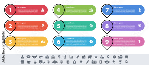 Infographic design business concept vector illustration with 9 steps or options or processes represent work flow or diagram or web button banner