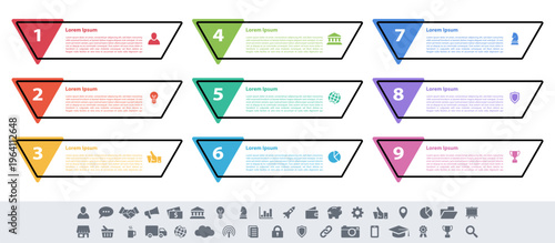 Infographic design business concept vector illustration with 9 steps or options or processes represent work flow or diagram or web button banner