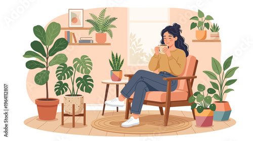 Woman relaxing indoors with a book and a drink.
