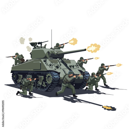 Dynamic vector illustration of soldiers and a heavy tank engaged in intense battlefield combat action.