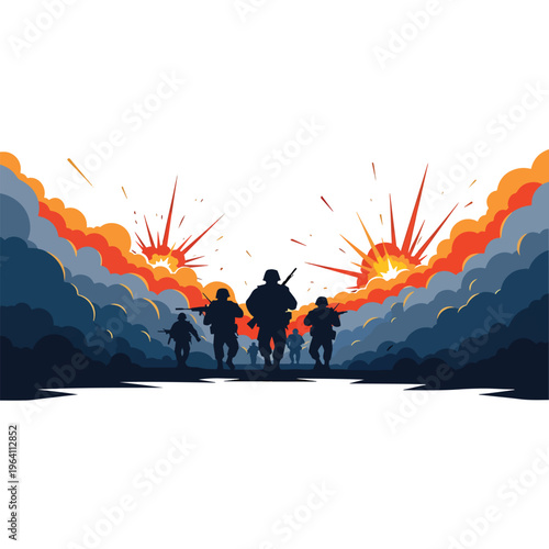 Military troops in silhouette advancing amidst explosions and smoke in battle vector art