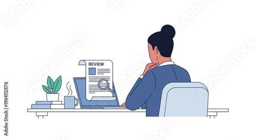 Woman reviewing document on laptop at desk.