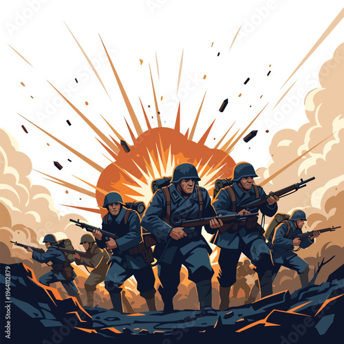 Vector illustration of soldiers advancing on a battlefield amidst explosions during intense combat
