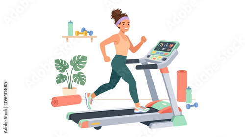 Woman running on treadmill indoors for fitness.