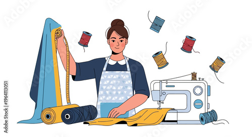 Woman sewing fabric with sewing machine and threads.