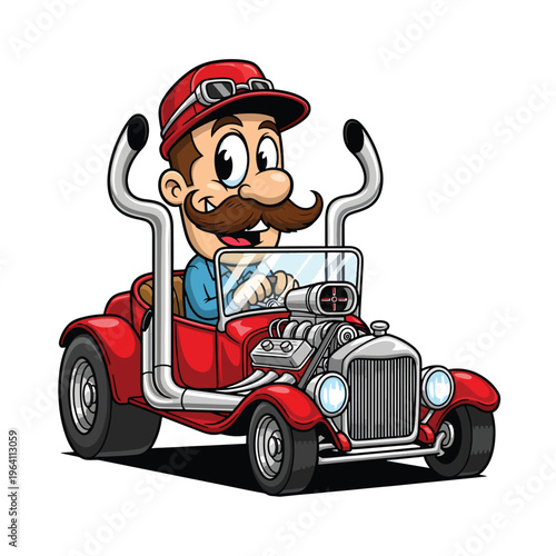 Dynamic Vector Illustration of a Moustached Man Piloting a Red Hot Rod Car