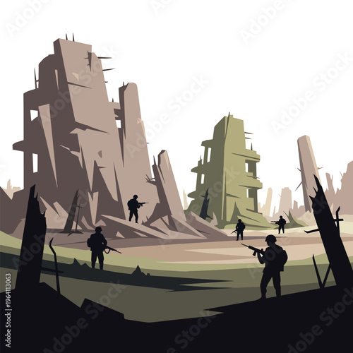 Military patrol in a devastated urban war zone, flat vector illustration of conflict aftermath