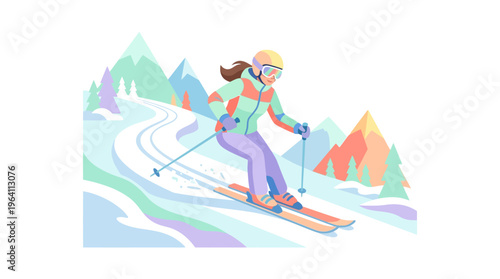 Woman skiing down a snowy mountain slope.