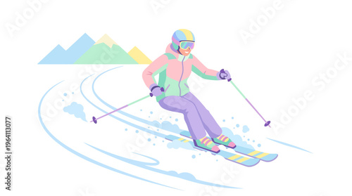 Woman skiing down a snowy mountain slope.