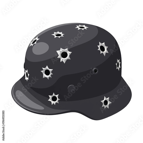 Damaged Military Helmet with Bullet Holes: Graphic Illustration of War Conflict