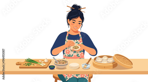 Woman skillfully preparing dumplings at a wooden table.