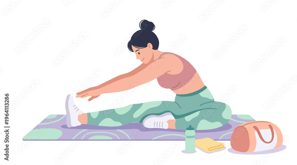 Obraz premium Woman stretching on yoga mat with gym bag.