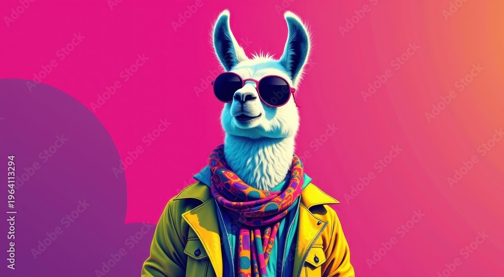 Fototapeta premium Llama wearing sunglasses and a scarf on a pink background animal background