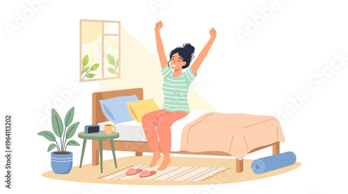 Woman stretching and waking up in bed.