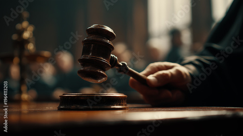 Corporate Penalties: Gavel slam captured in low-light, symbolizing major corporate law consequences, Generative AI