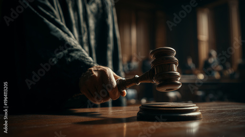 A Landmark Decision: Dark, dramatic close-up of a wooden judge's gavel hitting the sounding block, Generative AI