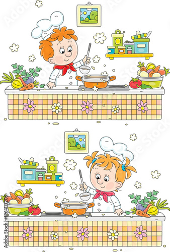 Little boy and girl with their ladles making an original tasty soup in a pan on a home kitchener with fresh vegetables and spices in a cozy kitchen, a set of vector cartoon illustrations on white