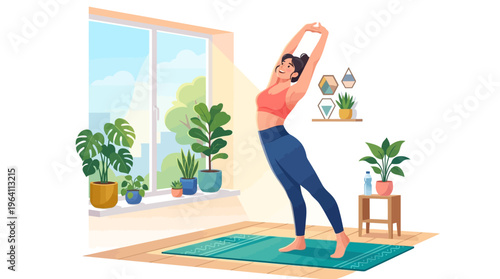 Woman stretching arms up in yoga pose indoors.