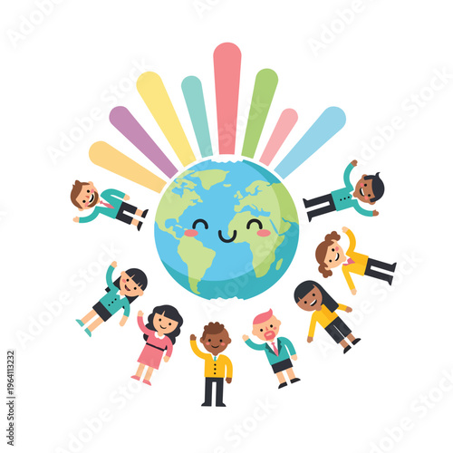 Diverse people connect with a happy Earth, celebrating global unity and community