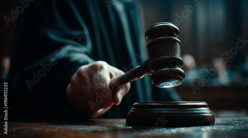 Guilty Verdict: Low-key shot of a judge's hammer striking the sounding block with high contrast lighting, Generative AI