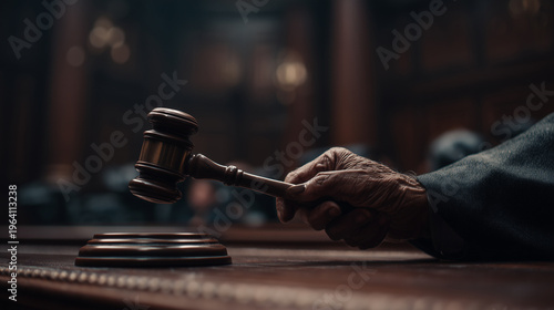 The Final Ruling: Dark cinematic close-up of a judge slamming his wooden gavel in a courtroom, Generative AI