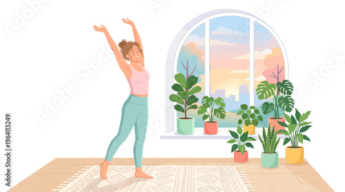 Woman stretching indoors with houseplants and large window.