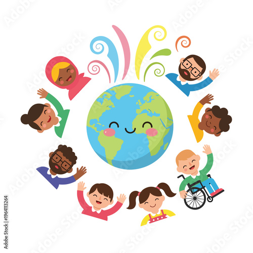 Joyful Global Community Embracing Diversity and Inclusion Around a Smiling Earth Vector Art
