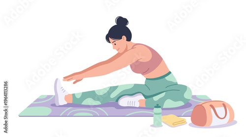 Woman stretching on yoga mat with gym bag.