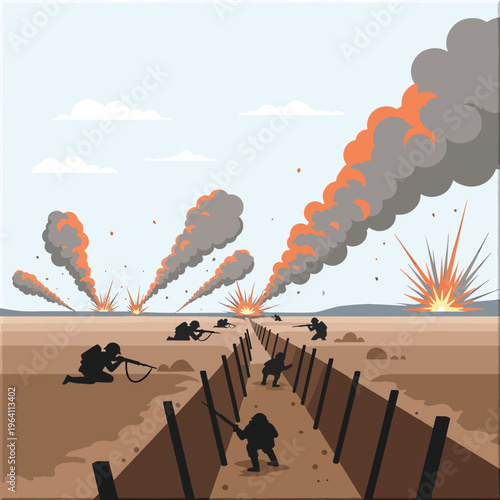 Dynamic illustration of soldiers in trench warfare amidst explosions and heavy smoke